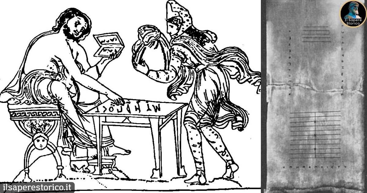 Il Sapere Storico - A sinistra, l'Abaco a gettoni raffigurato sul Vaso di Dario, a destra, la Tavola di Salamina