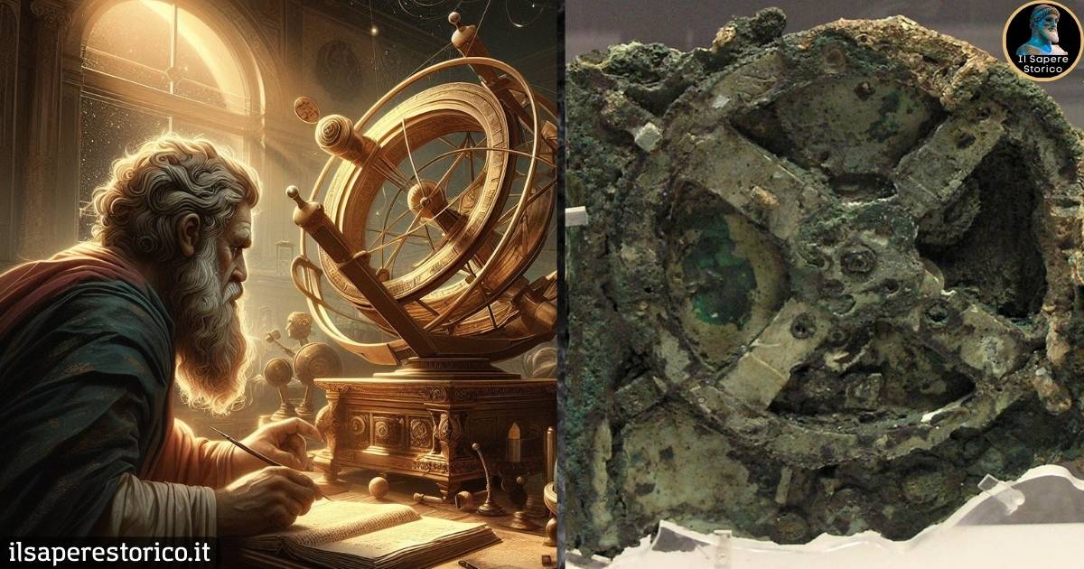 Il Sapere Storico - Ricostruzione immaginaria della Macchina di Anticitera con accanto un suo componente reale