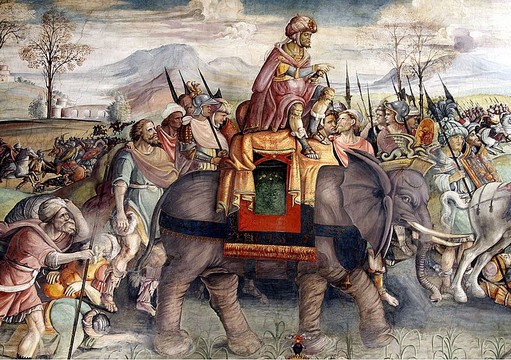 Particolare di un affresco del Campidoglio in Roma (1510 - Musei Capitolini). Raffigurato Annibale mentre guida le truppe con gli elefanti attraverso le Alpi 