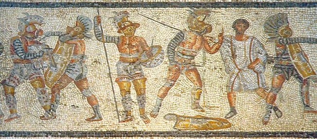 Mosaico del I secolo rinvenuto a Leptis Magna. Raffigura diverse classi di gladiatori
