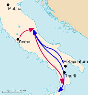 I movimenti di Crasso (in rosso) e di Spartaco (in blu) all'inizio del 71 a.C