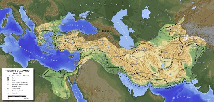 Il vasto impero conquistato da Alessandro Magno. In nero il tragitto percorso dalle leggendarie falangi macedoni