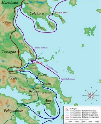 Mappa degli spostamenti greci e persiani presso le Termopili e l'Artemisio