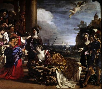 "Morte di Didone" di Guercino. Didone suicida soccorsa dalla sorella Anna, identificata in seguito con la divinità romana Anna Perenna