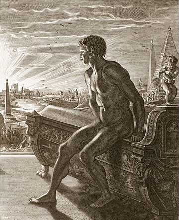 Memnone, raffigurato in un'incisione dell'artista francese Bernard Picart (1673-1733)