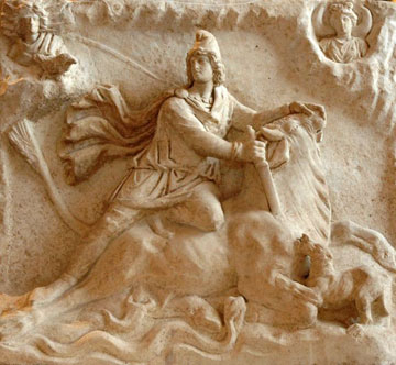 Bassorilievo del II-III secolo raffigurante una tauroctonia, Mitra che sacrifica il toro sacro