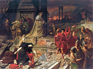 Nerone visita le rovine di Roma in fiamme nel dipinto di Karl Theodor von Piloty (1826-1886)
