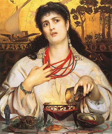 "Medea" nell'atto di preparare il filtro d'amore per Giasone nel dipinto di Anthony Frederick Augustus Sandys (1829-1904)