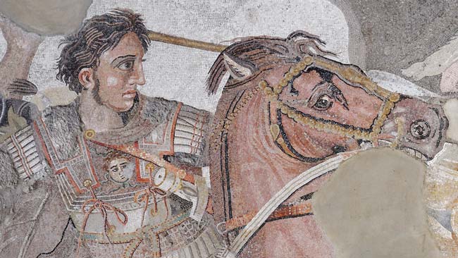 Alessandro Magno in sella a Bucefalo nel mosaico della battaglia di Isso