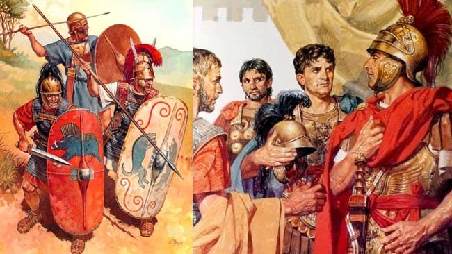 Scipione l'Africano (a destra) con gli altri ufficiali. A sinistra legionari romani dell'epoca repubblicana.