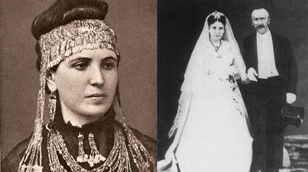 Sophia Engastromenou con i gioielli del "Tesoro di Priamo" e in una fotografia del suo matrimonio.